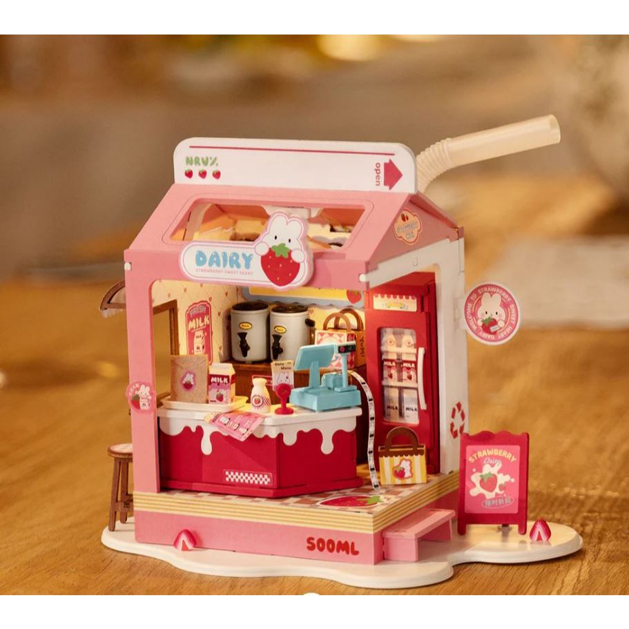 Robotime DIY ชุดโมเดลตัวต่อไม้ RBT Strawberry Milk Box - Image 3